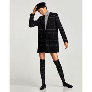 Zara Structured Oversized Plaid Tweed Coat Textured Mini Dress Black Small